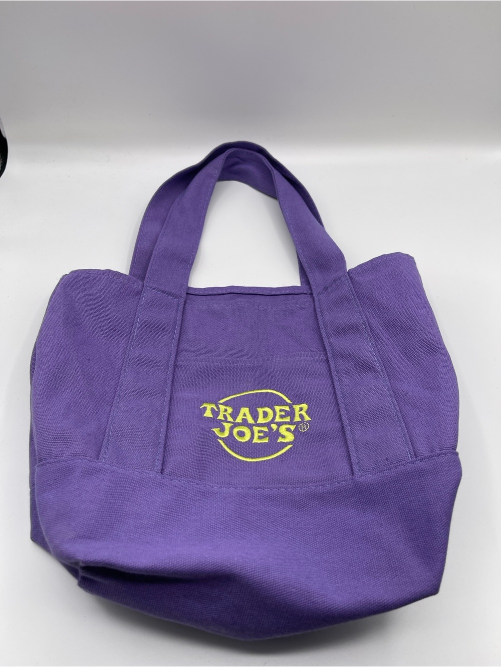 Trader Joe's Purple Canvas Tote Bag with Yellow Logo